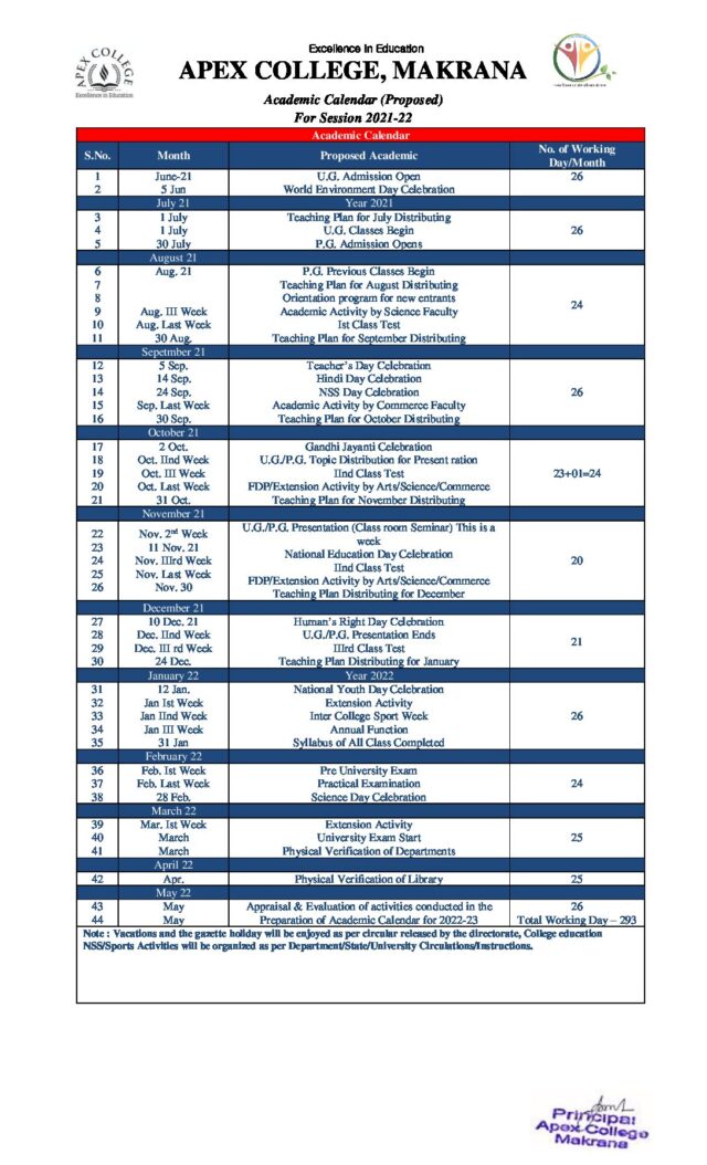 Academic Calendar APEX COLLEGE, MAKRANA